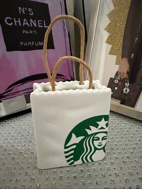 Starbucks White Mini Ceramic Gift Bag with Green Logo and Brown Rope Handles